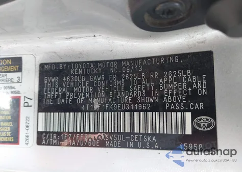 2014 Toyota Camry Se from USA, damaged, VIN 4T1BF1FK9EU311962